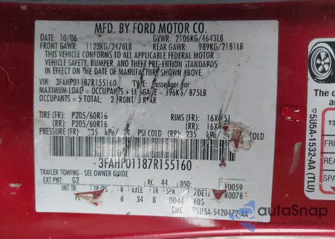 2007 Ford Fusion Se z USA, uszkodzony, nr VIN 3FAHP01187R155160